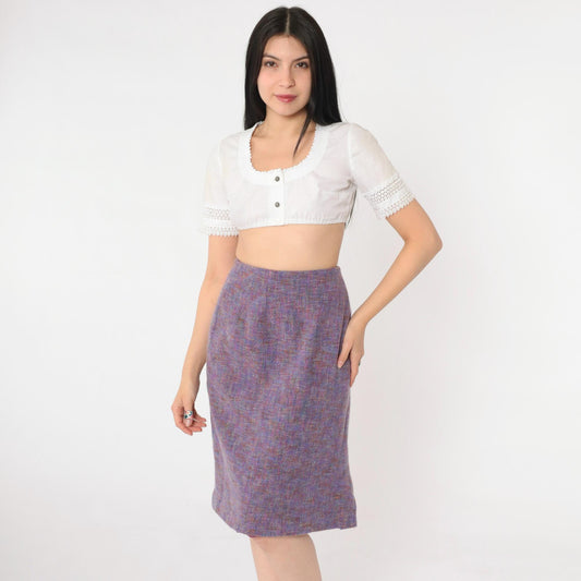90s Worth Wool Tweed Pencil Skirt Purple High-Waist Knee-Length Small