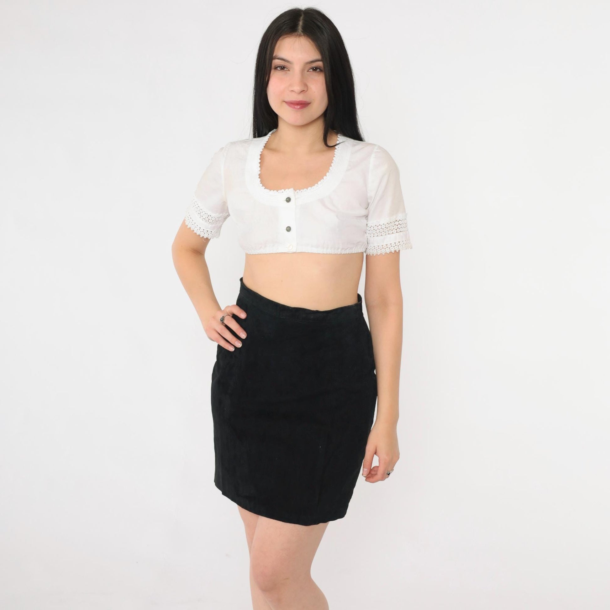 80s Black Suede Mini Skirt High Waisted Bodycon XS