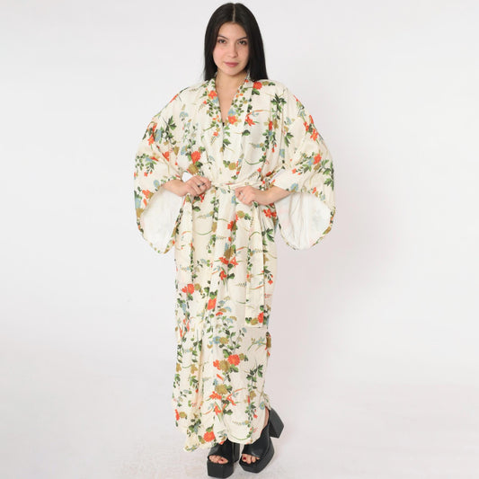 60s Japanese Silk Kimono Robe Ivory Floral Print Wide Sleeve Maxi