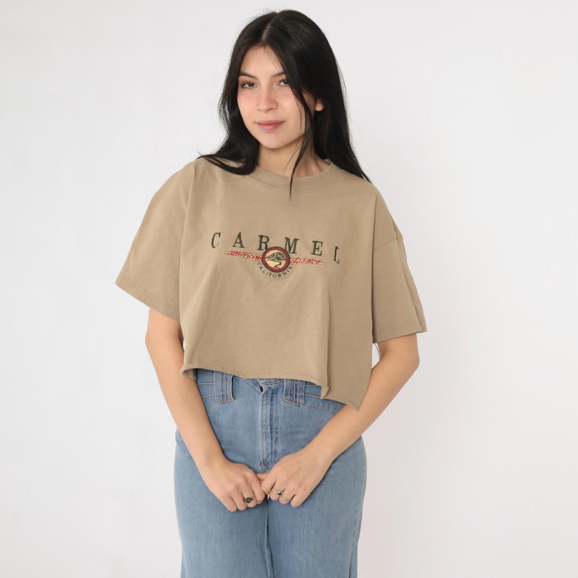 90s Carmel California Embroidered Crop Tee Tan Cotton Large L