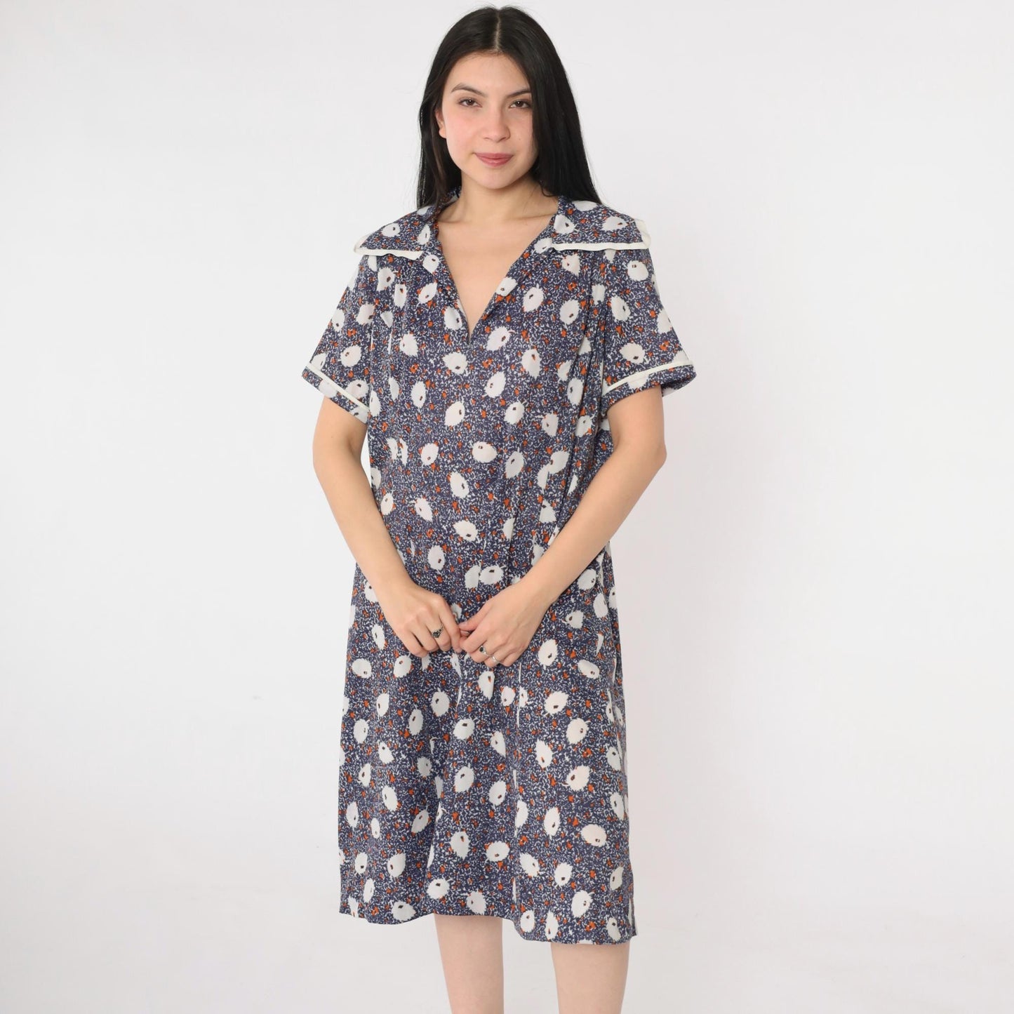 70s Blue Abstract Leaf Print Midi Dress Collared V-Neck Shift Large