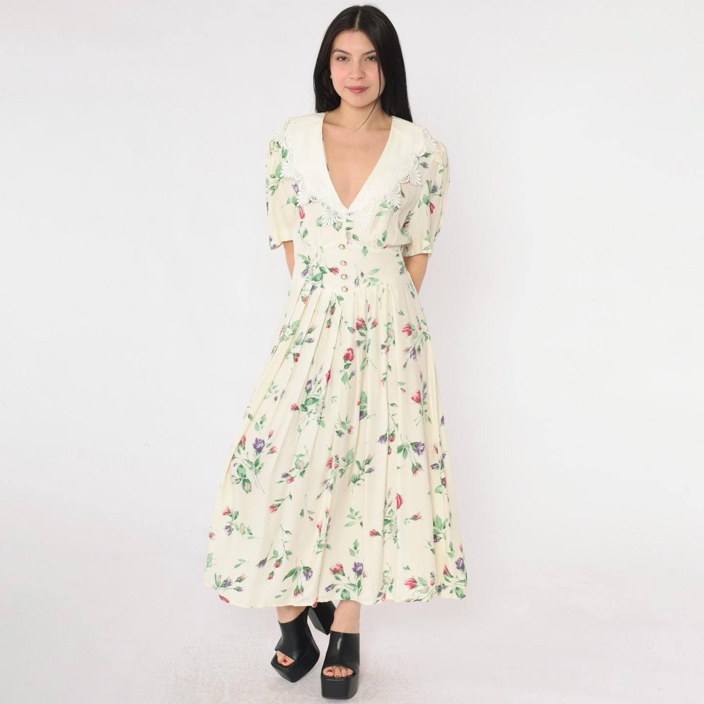 90s S.L. Fashions Cream Floral Maxi Dress Deep V Lace Collar Medium