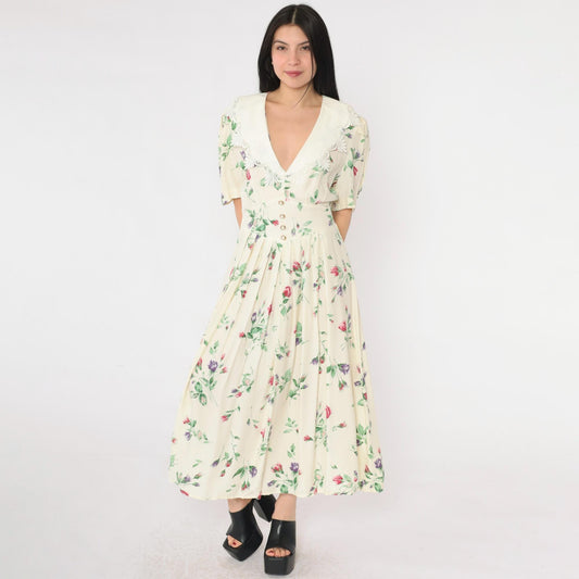 90s S.L. Fashions Cream Floral Maxi Dress Deep V Lace Collar Medium
