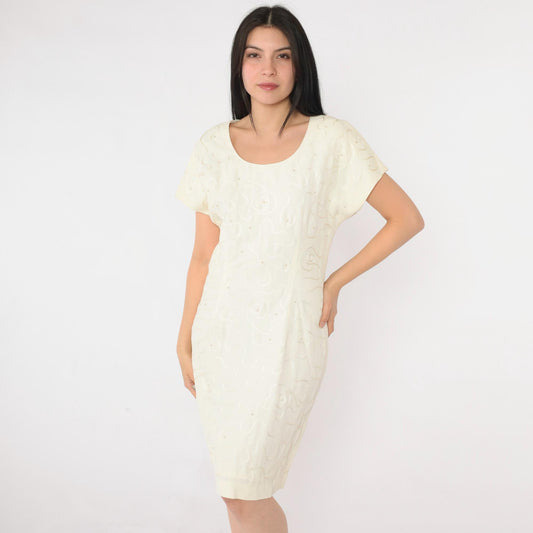 90s Donna Ricco Cream Pearl Beaded Soutache Mini Dress Scoop Neck Small