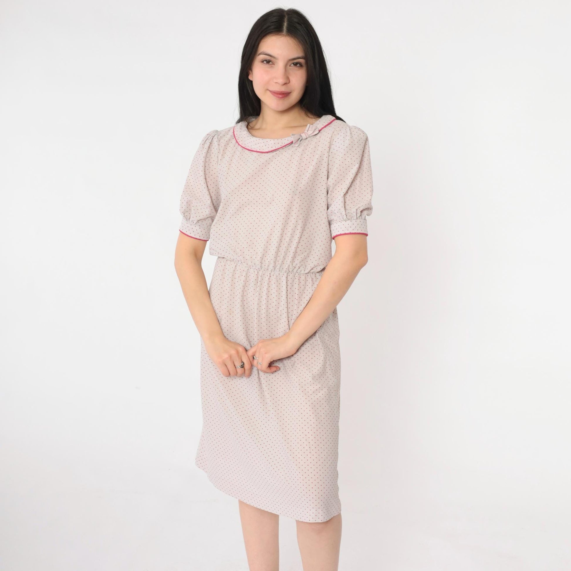80s Grey Polka Dot Puff Sleeve Dress Pink Bow Collar High Waist Small