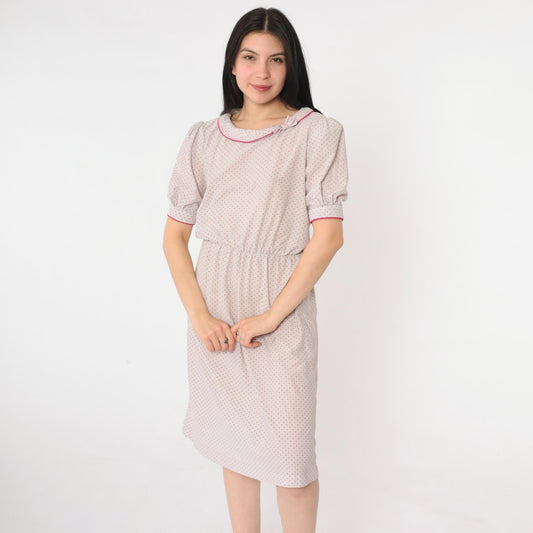 80s Grey Polka Dot Puff Sleeve Dress Pink Bow Collar High Waist Small