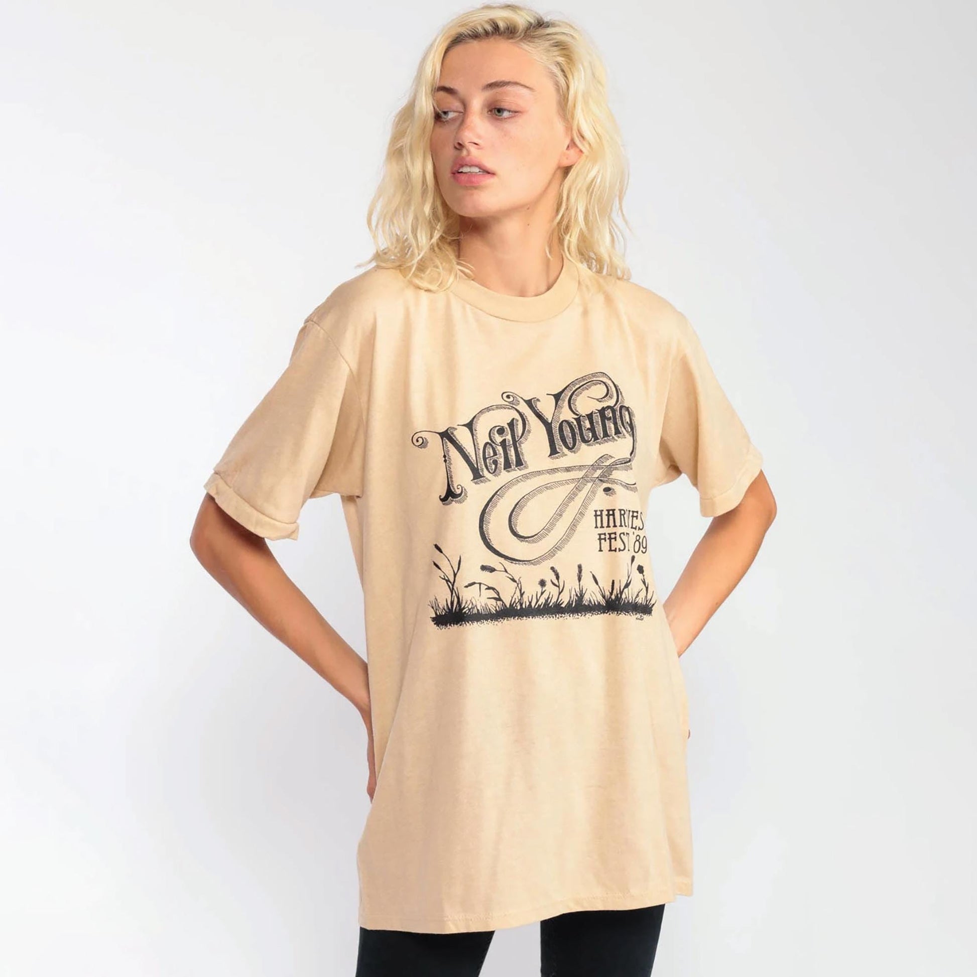 Neil Young Harvest Fest 1989 Tour Band T-Shirt Tan Graphic Tee Extra Large