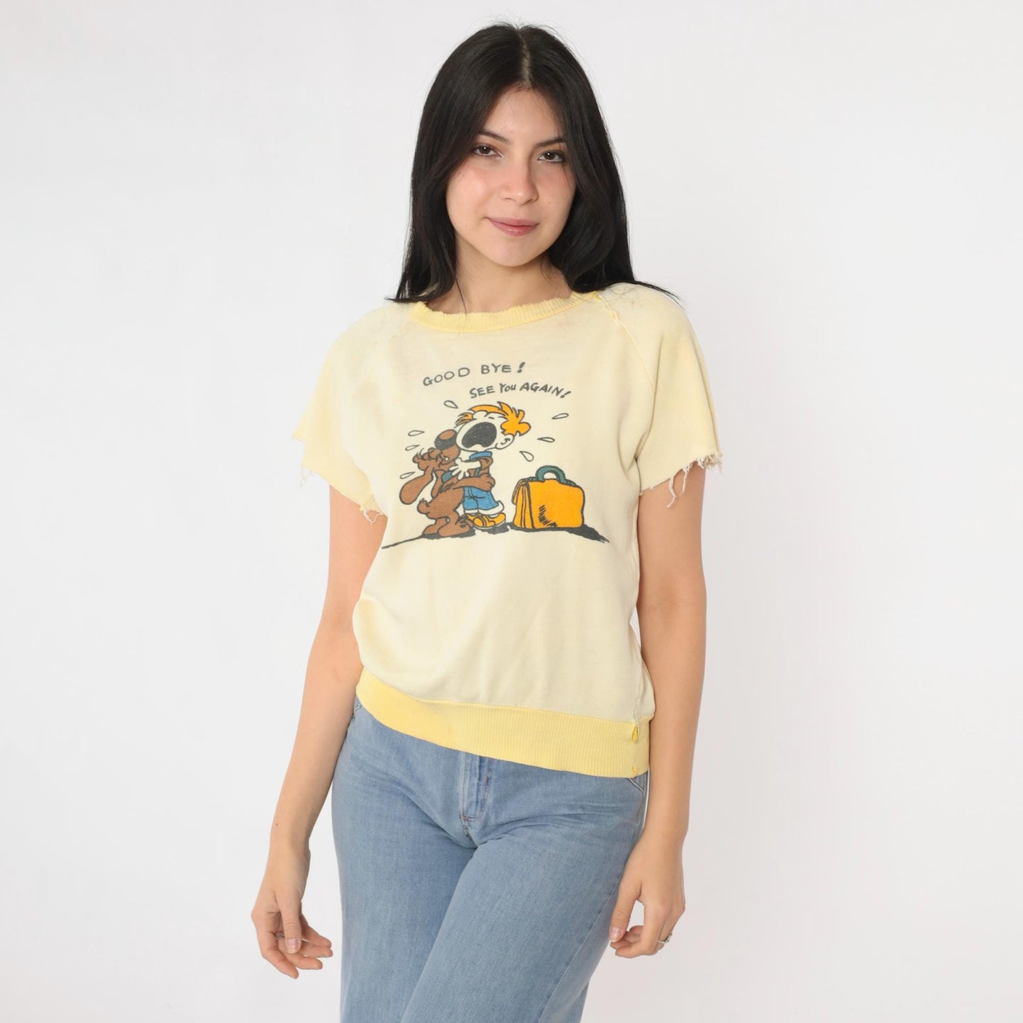 80s Graphic Sweatshirt Tee Yellow Goodbye See You Again Cartoon Extra Small