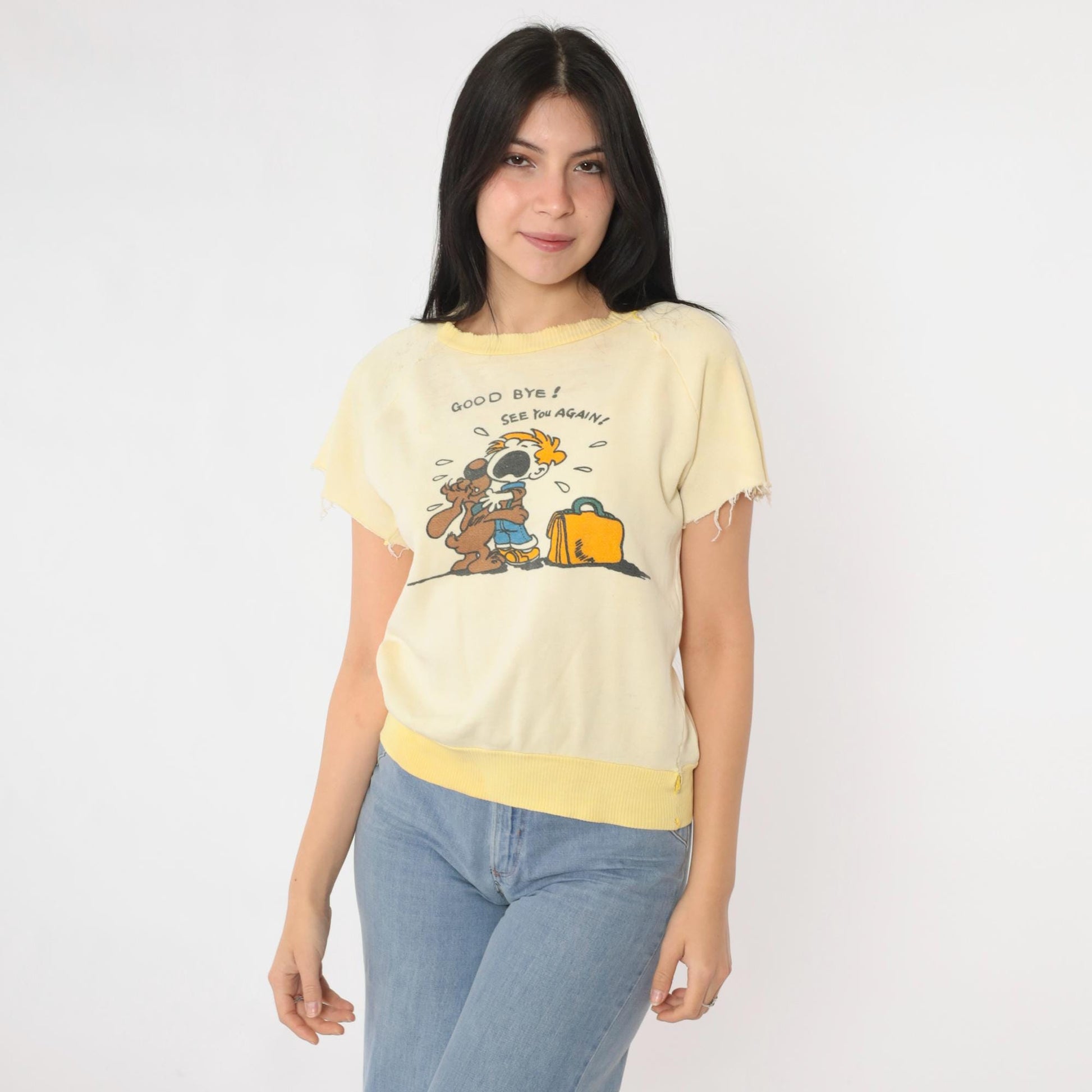 80s Graphic Sweatshirt Tee Yellow Goodbye See You Again Cartoon Extra Small