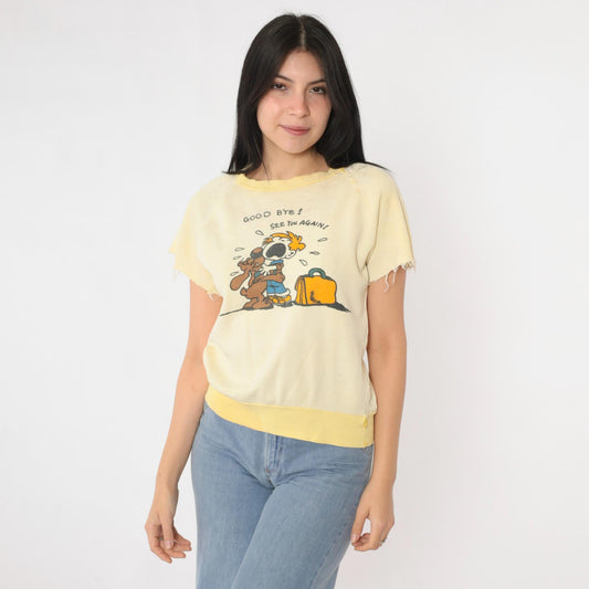 80s Graphic Sweatshirt Tee Yellow Goodbye See You Again Cartoon Extra Small