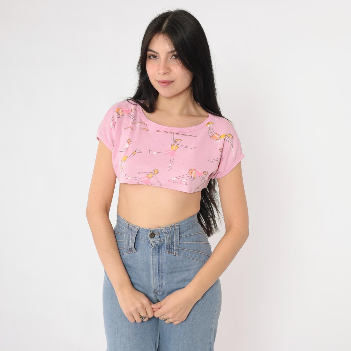 80s Track and Field Crop Top Pink Graphic Tee Cartoon Runners Small