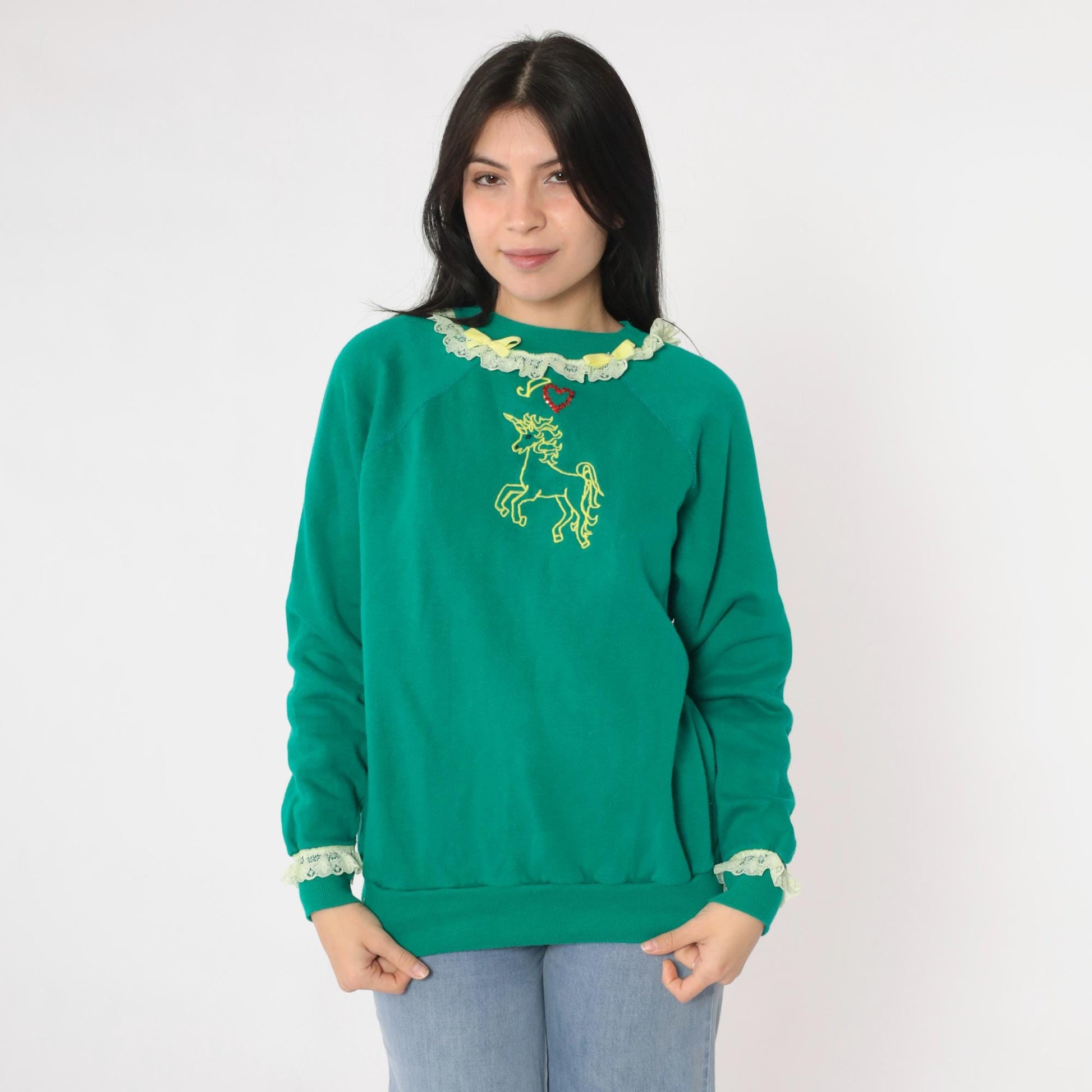 80s Unicorn Embroidered Sequin Heart Raglan Sweatshirt Green Medium