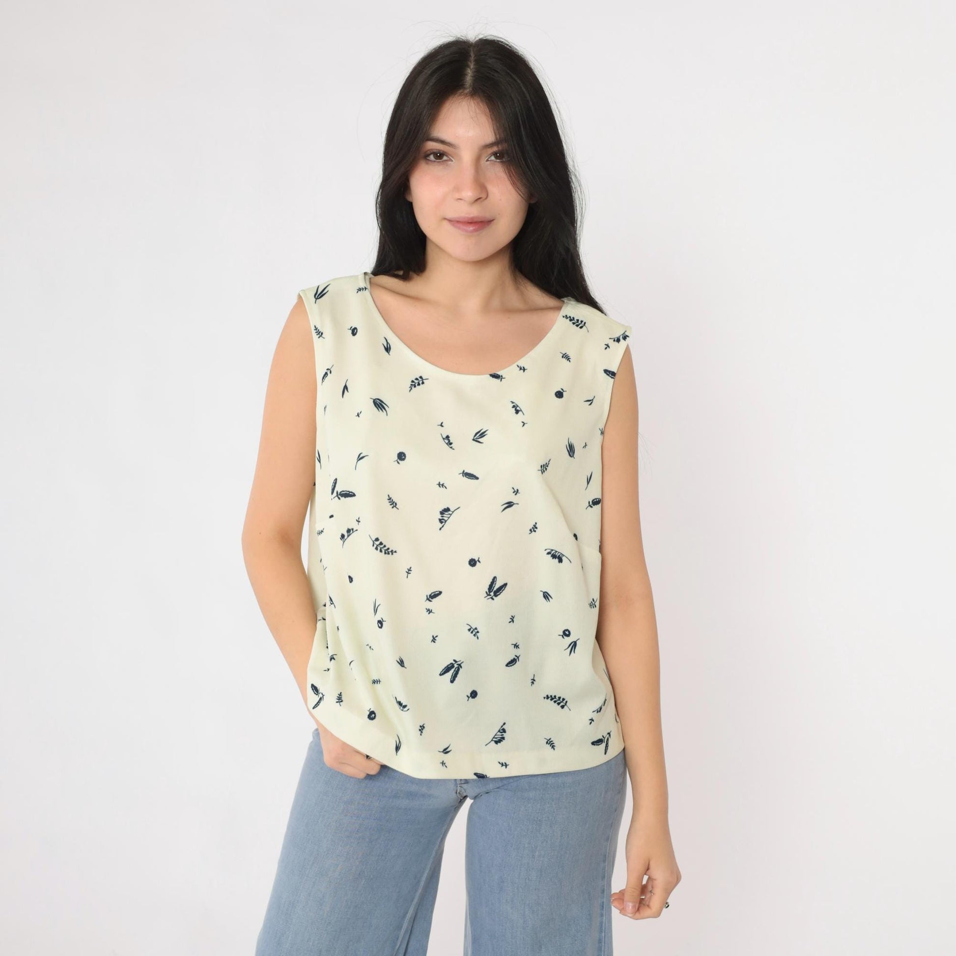 70s Cream Floral Tank Top Botanical Print Sleeveless Blouse Large L