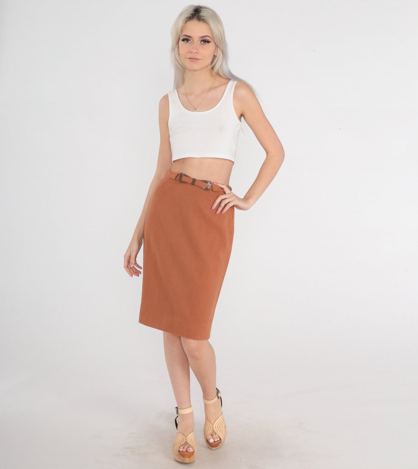 70s Brown Wool Mini Pencil Skirt High Waist Rear Slit Small