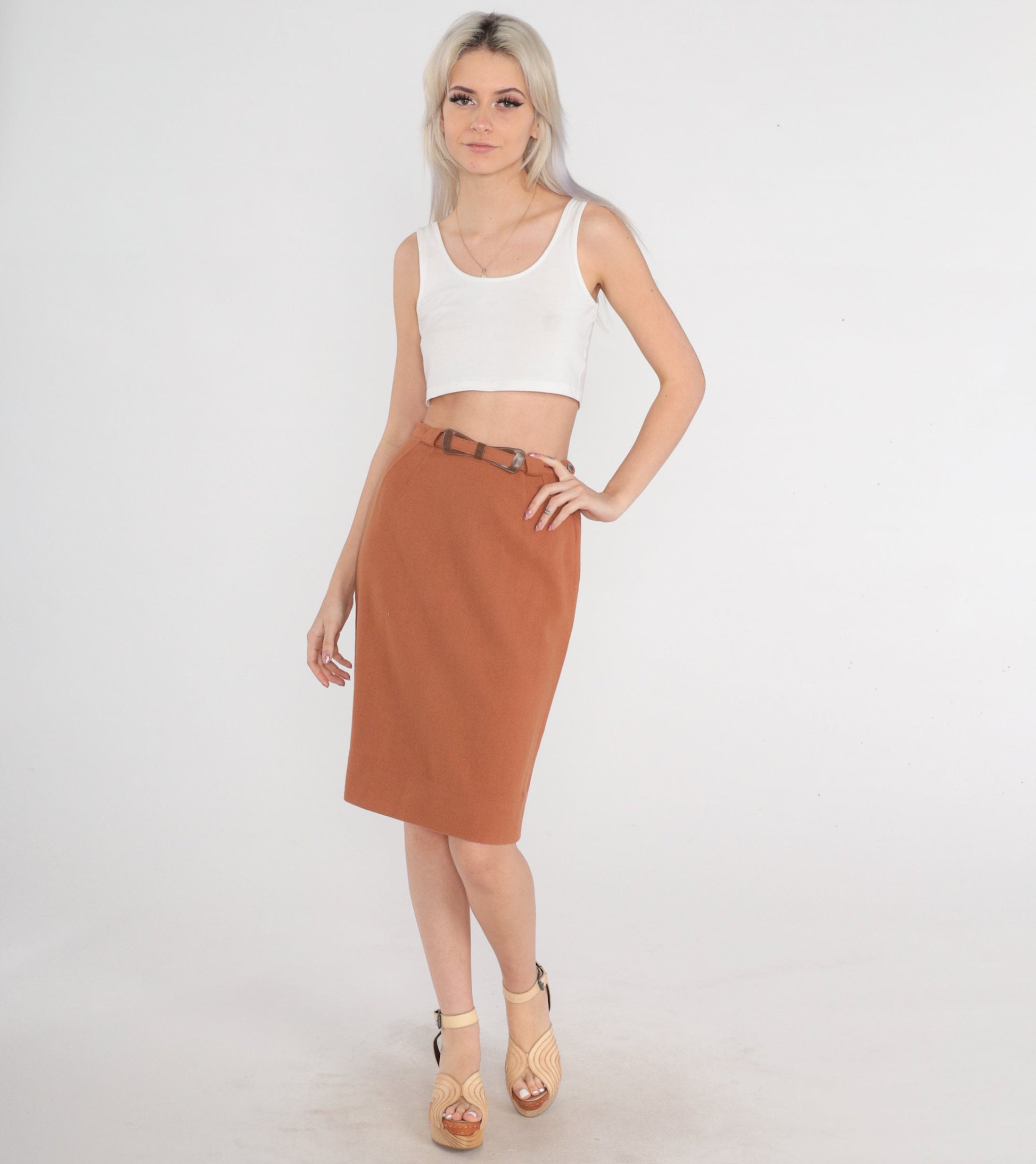 70s Brown Wool Mini Pencil Skirt High Waist Rear Slit Small