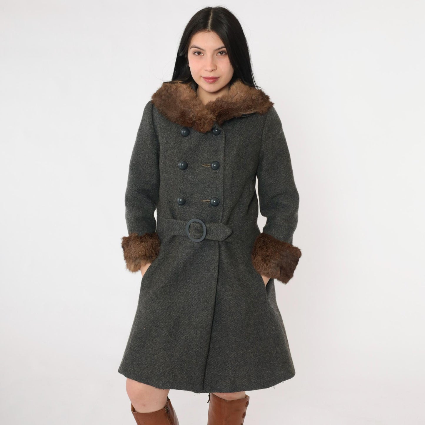 1960s Wool Pea Coat Charcoal Grey Fur Collar Double Breasted Extra Small