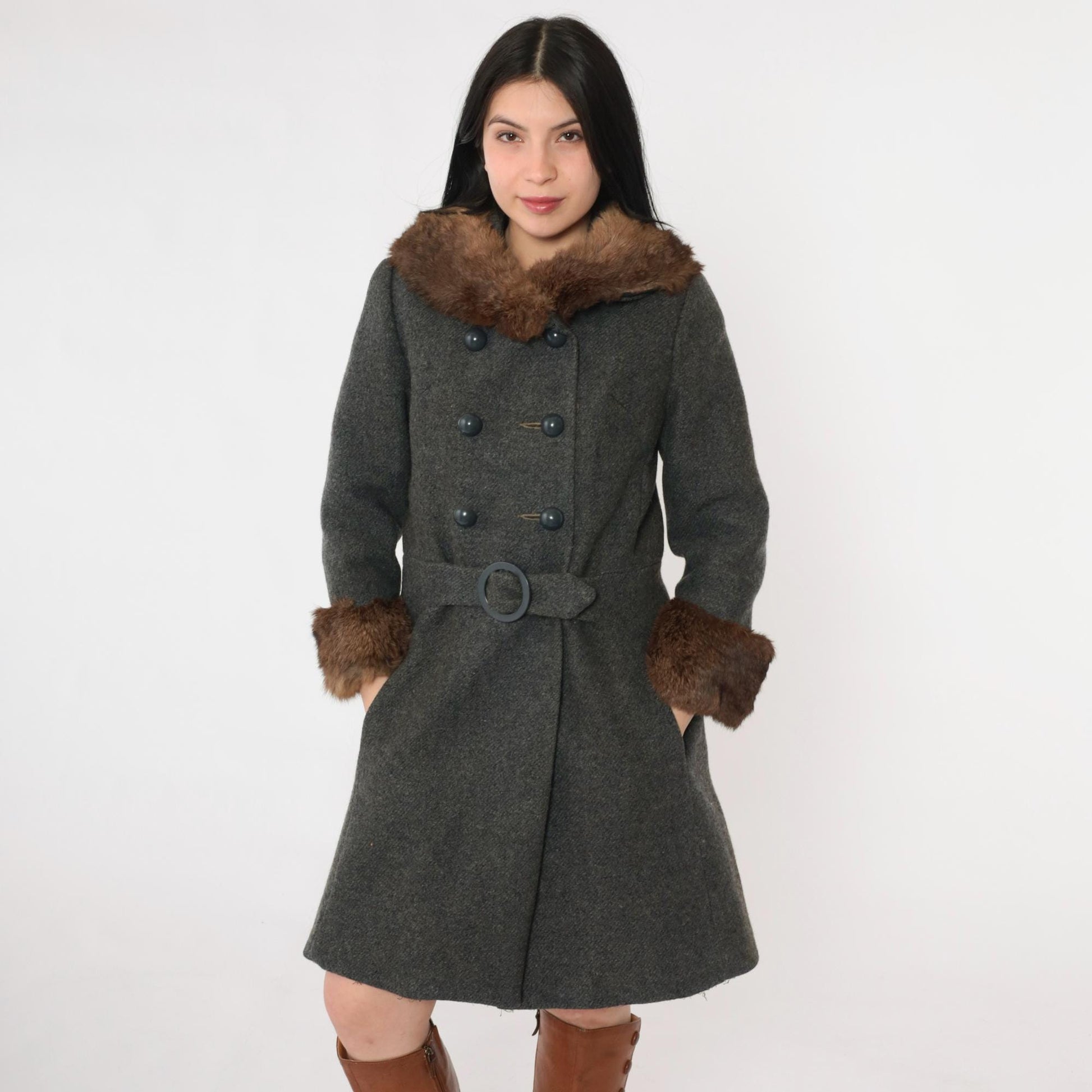1960s Wool Pea Coat Charcoal Grey Fur Collar Double Breasted Extra Small