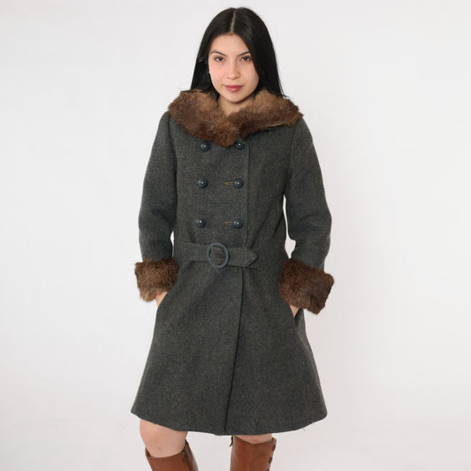 1960s Wool Pea Coat Charcoal Grey Fur Collar Double Breasted Extra Small