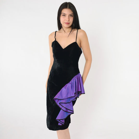 80s Black Velvet Knee-Length Dress Purple Taffeta Ruffle Sweetheart Neckline Small