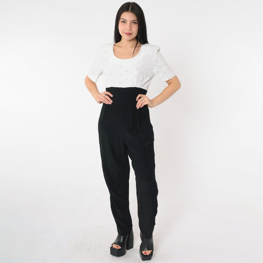 80s Black White Eyelet Lace Jumpsuit Scoop Neck High Waist Small