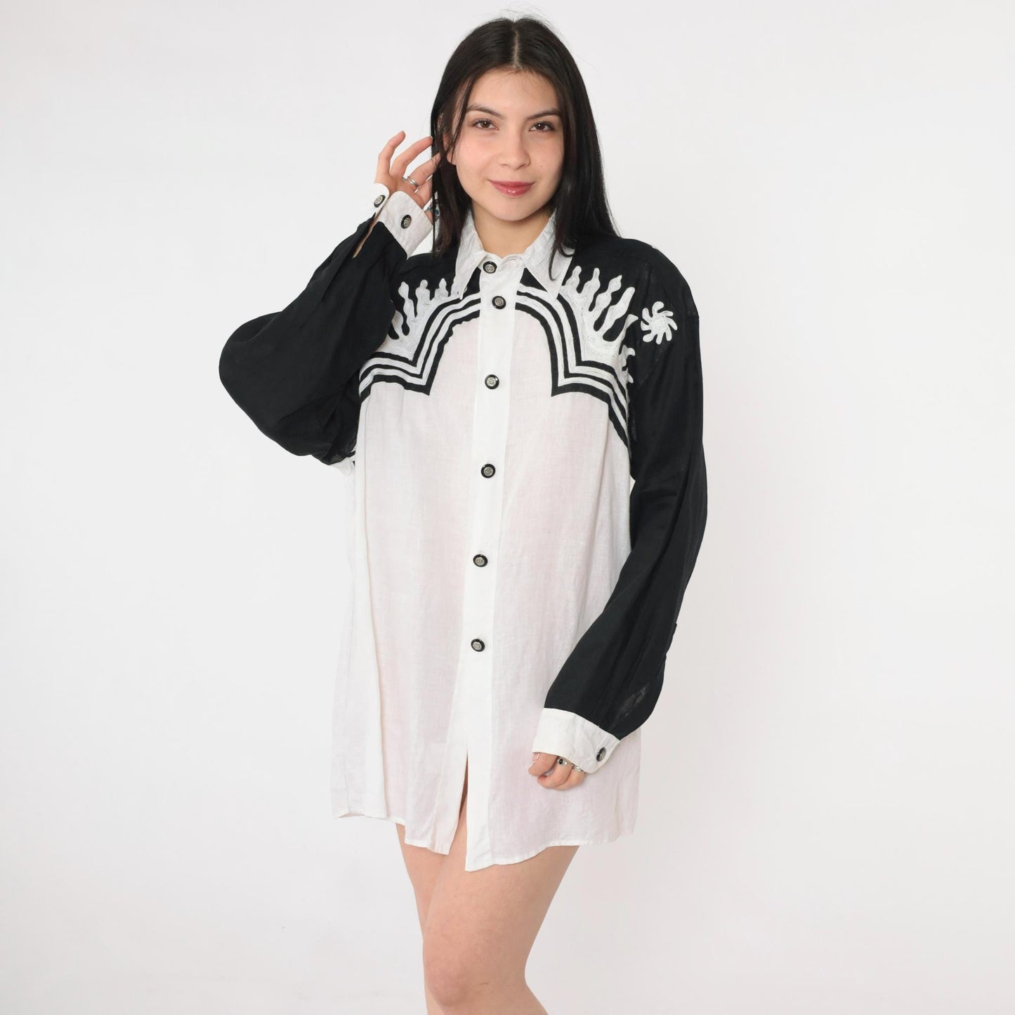 90s Byblos Italian Linen Button Up Shirt Black White Embroidered Crest Medium