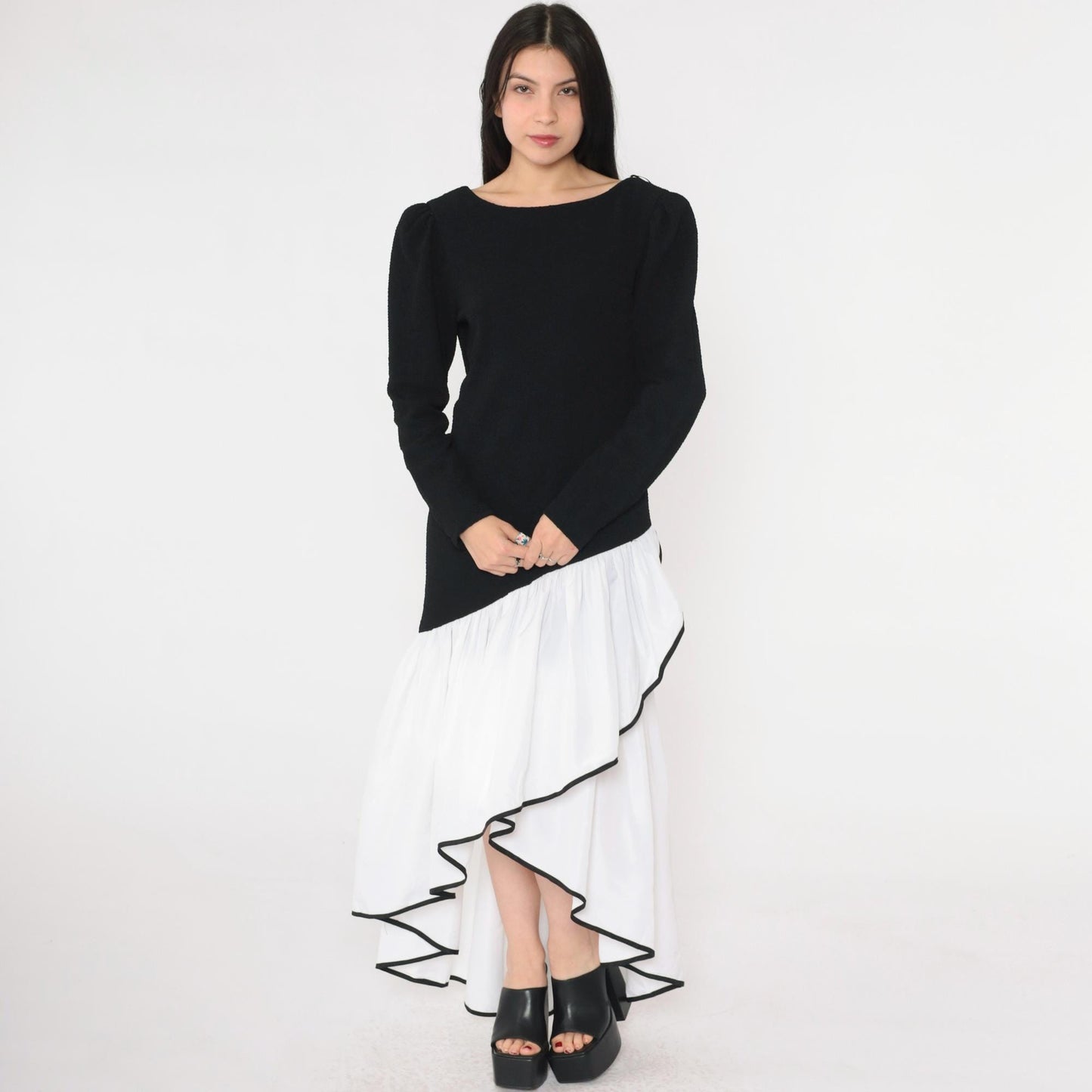 80s Black White Asymmetrical Maxi Dress Puff Sleeve V Back Ruffle Medium