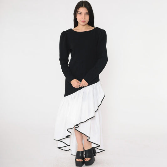 80s Black White Asymmetrical Maxi Dress Puff Sleeve V Back Ruffle Medium