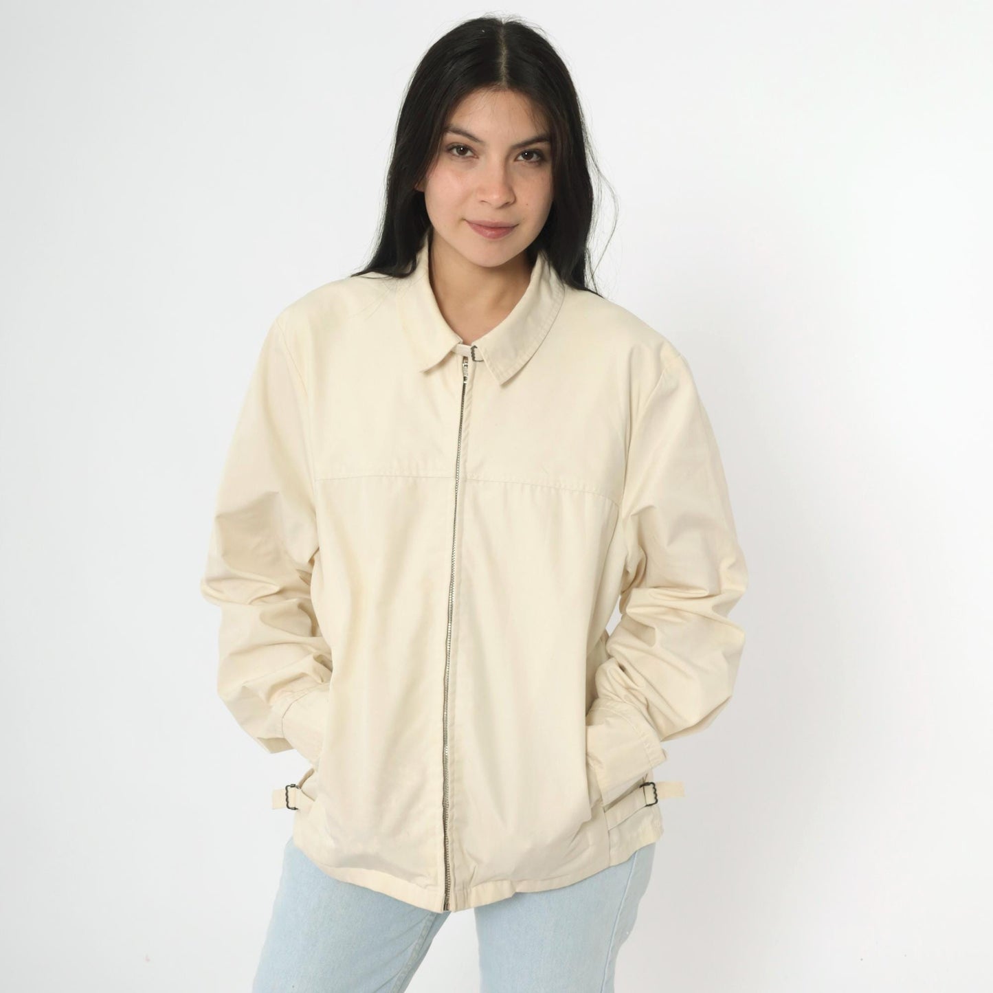 80s Cream Windbreaker Jacket Full Zip Bomber Neck Buckle Men's Medium