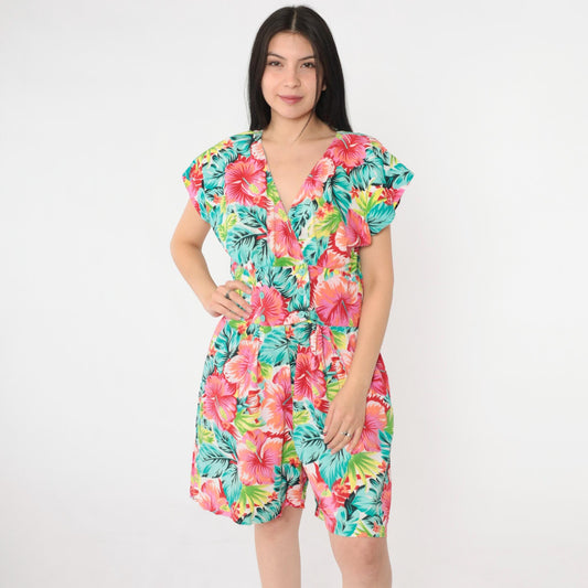 80s Tropical Floral Romper Playsuit Cotton Cap Sleeve High Waist Medium