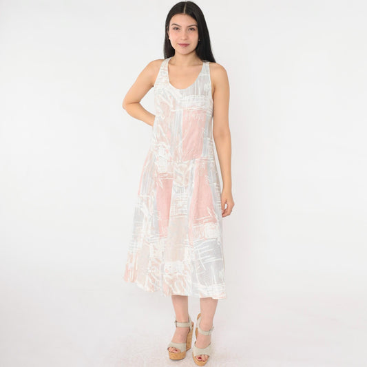 80s Pastel Abstract Print Midi Sundress Criss-Cross Tank Strap Small
