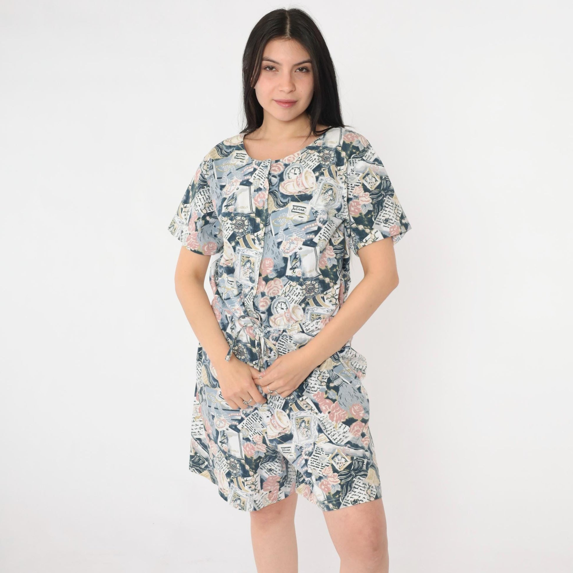 90s Abstract Print Romper Teacup Newspaper Button Front Drawstring Medium M