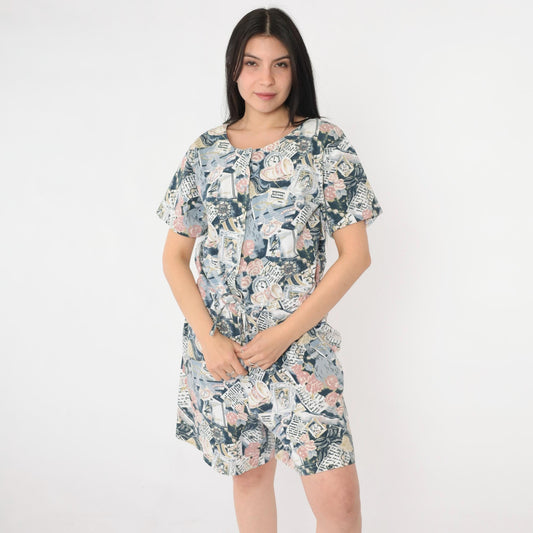 90s Abstract Print Romper Teacup Newspaper Button Front Drawstring Medium M