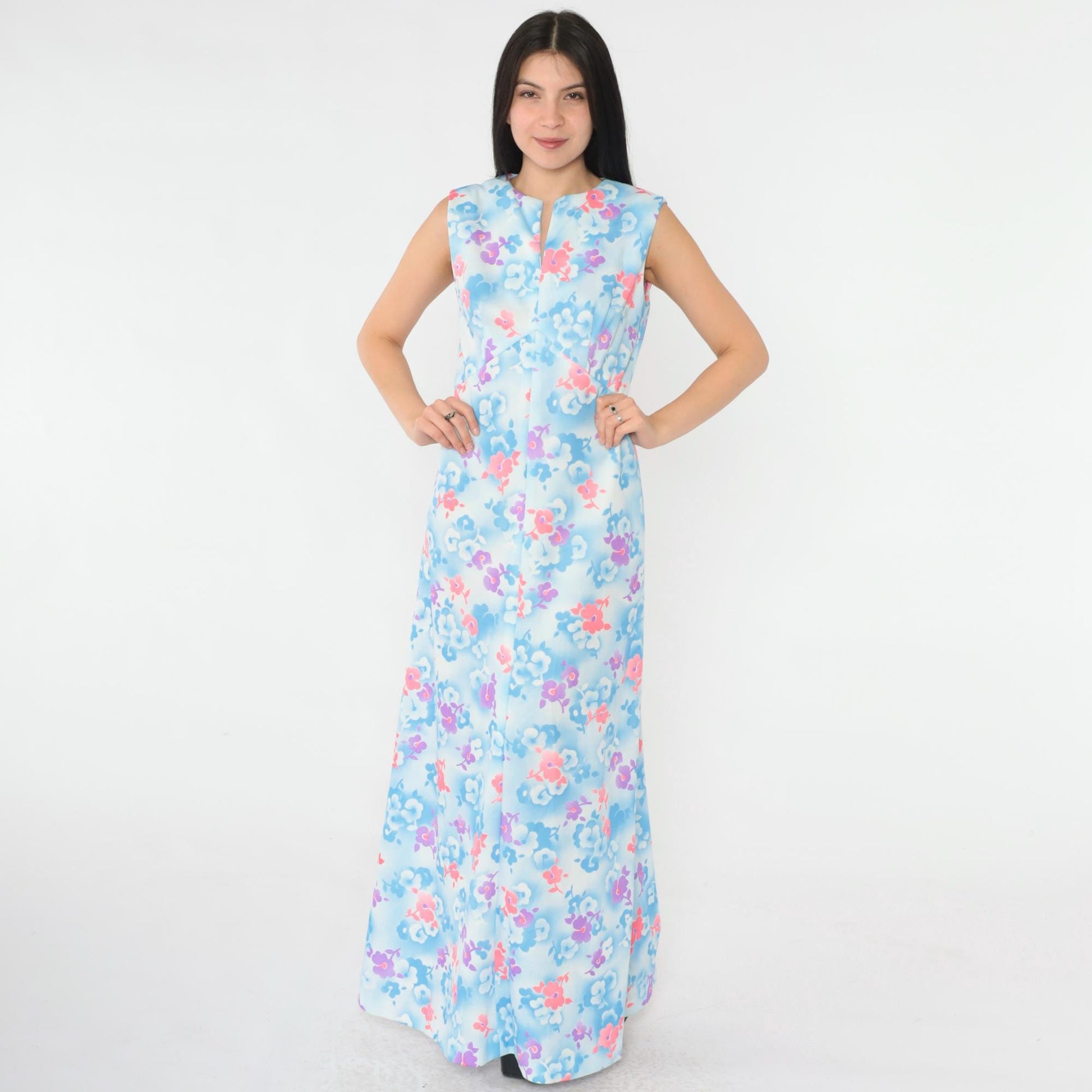 70s Floral Maxi Dress Blue Pink Botanical Print High Waist Slit Neck Small Medium