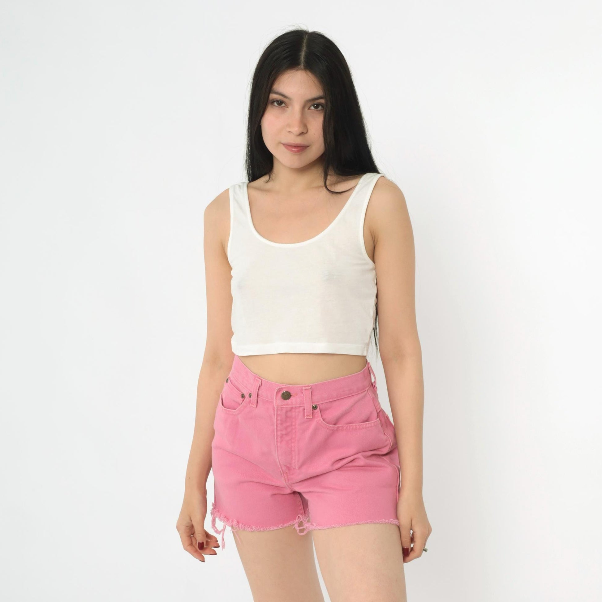 90s Pink Denim Cut-Off Shorts High Rise Frayed Hem Small S