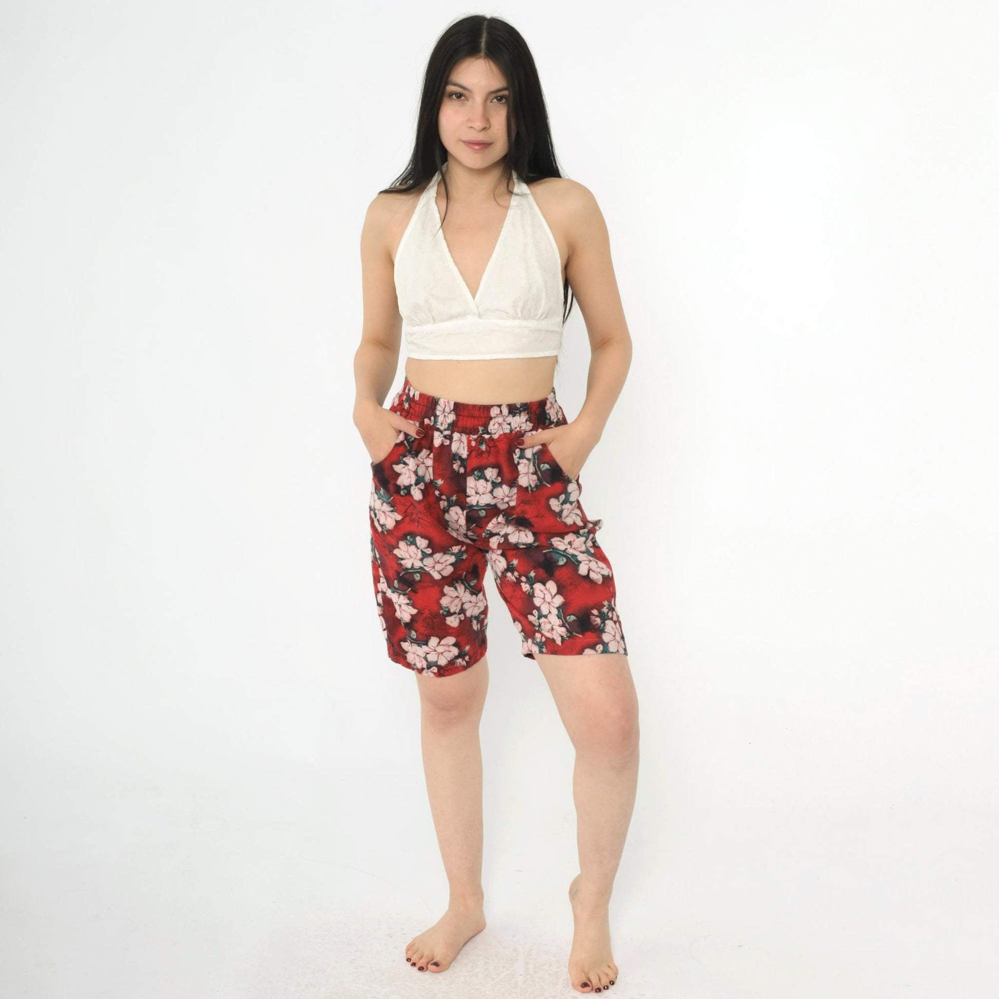 90s Red Floral Bermuda Shorts High Waist Elastic Wide Leg Extra Small
