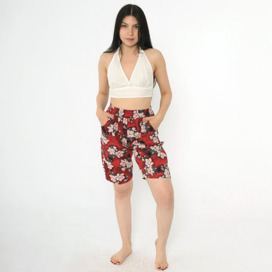 90s Red Floral Bermuda Shorts High Waist Elastic Wide Leg Extra Small