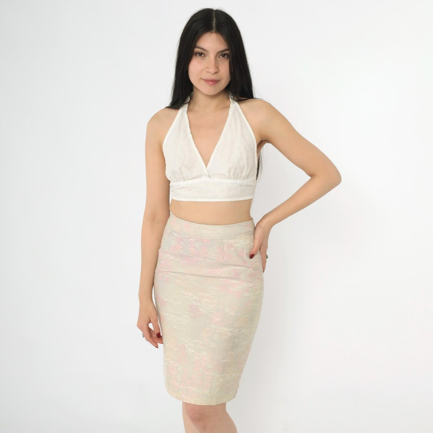 Y2K Cream Pencil Skirt Pastel Floral Embroidered High Waist Extra Small
