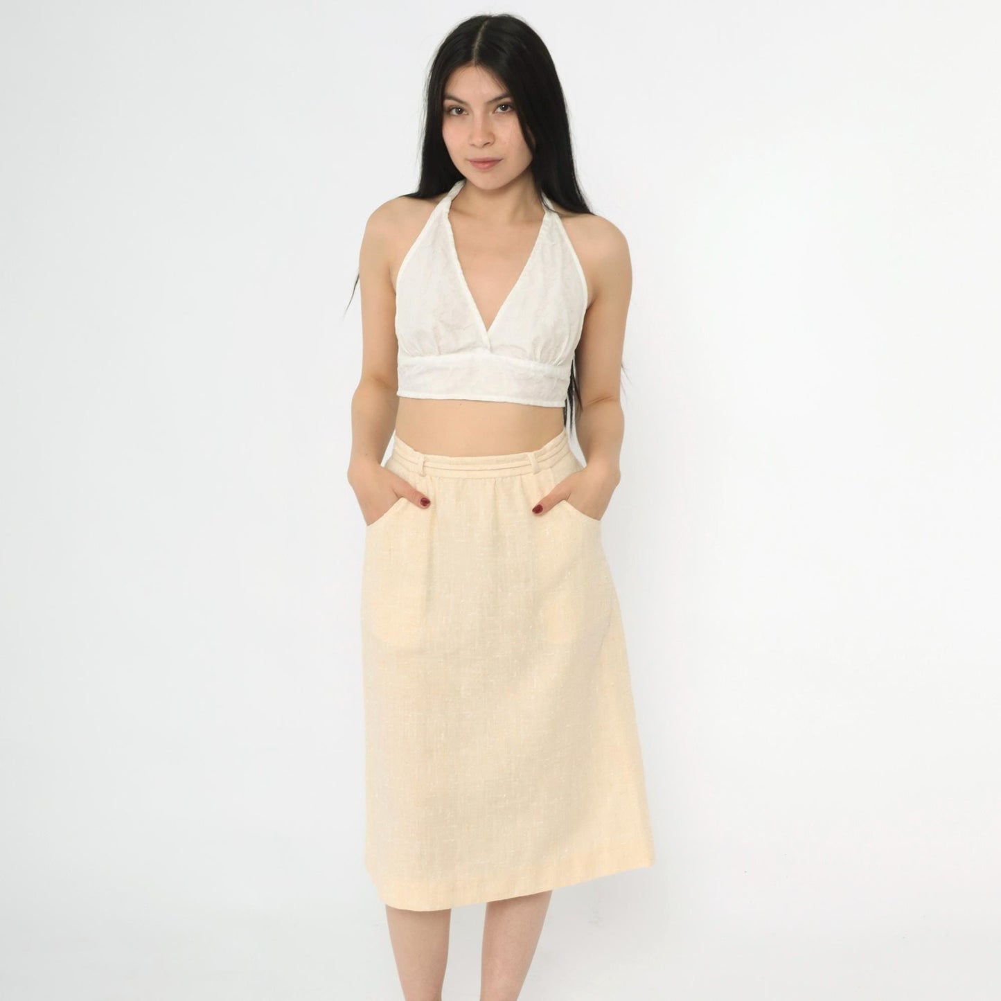 80s Cream Flecked A-Line Midi Skirt High Waist Tie Belt Pockets Small