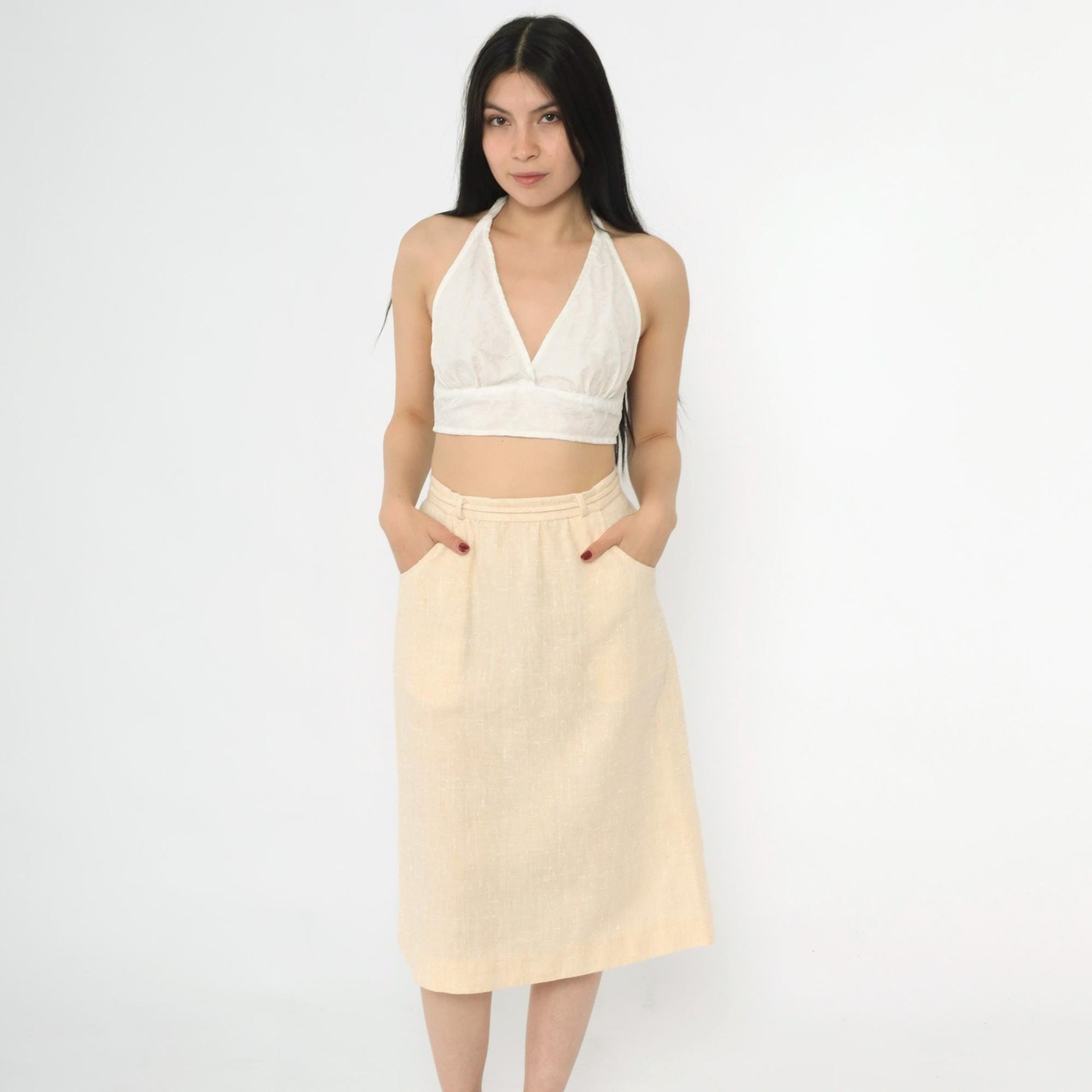 80s Cream Flecked A-Line Midi Skirt High Waist Tie Belt Pockets Small