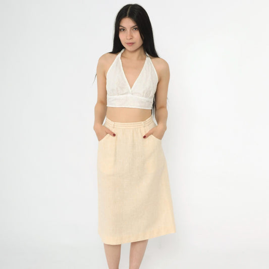 80s Cream Flecked A-Line Midi Skirt High Waist Tie Belt Pockets Small