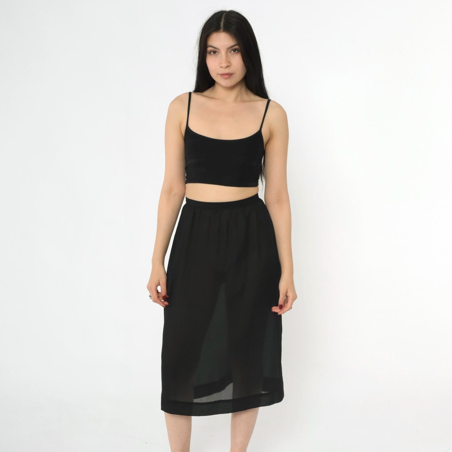 80s Black Sheer Midi Skirt High Waist Straight Cut Small