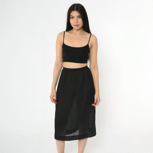 80s Black Sheer Midi Skirt High Waist Straight Cut Small