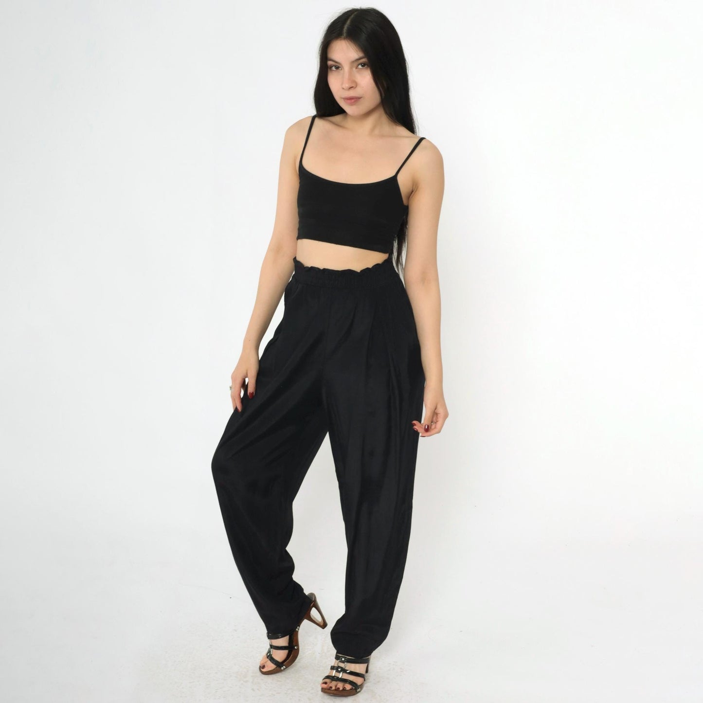 80s Black Pleated High-Waist Tapered Trousers Rayon Medium 10