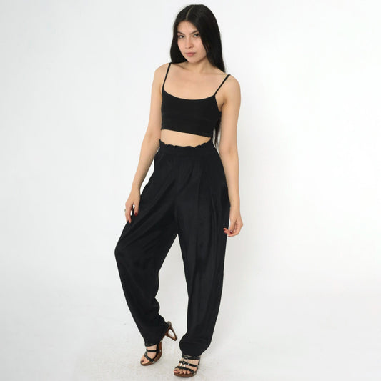 80s Black Pleated High-Waist Tapered Trousers Rayon Medium 10