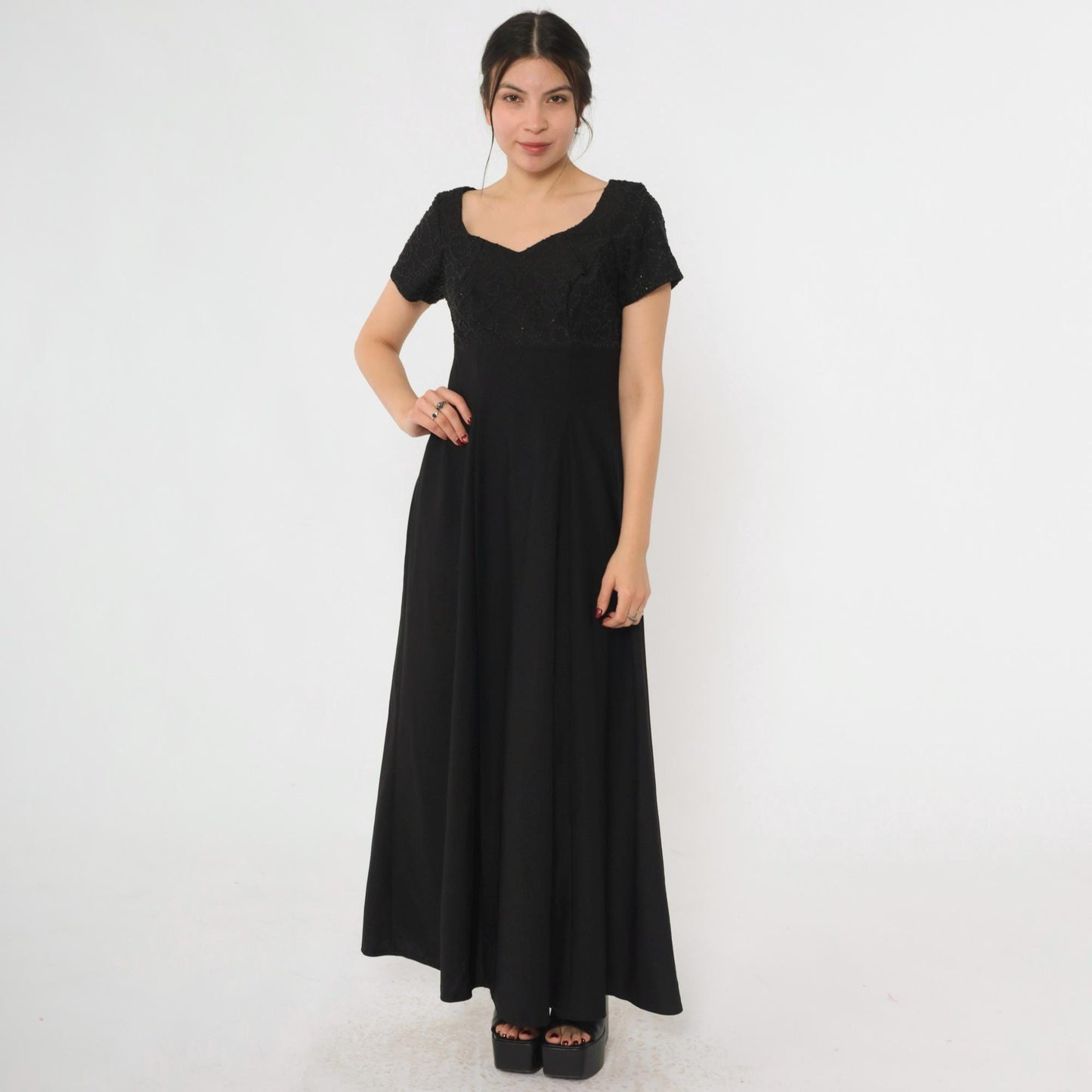 90s Black Beaded Evening Gown Sweetheart Neckline Empire Waist Maxi Dress Small