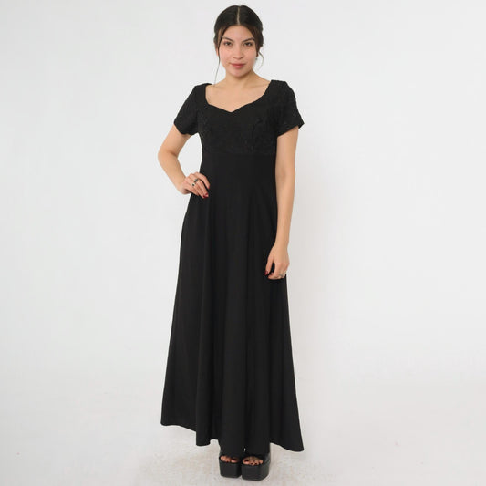 90s Black Beaded Evening Gown Sweetheart Neckline Empire Waist Maxi Dress Small
