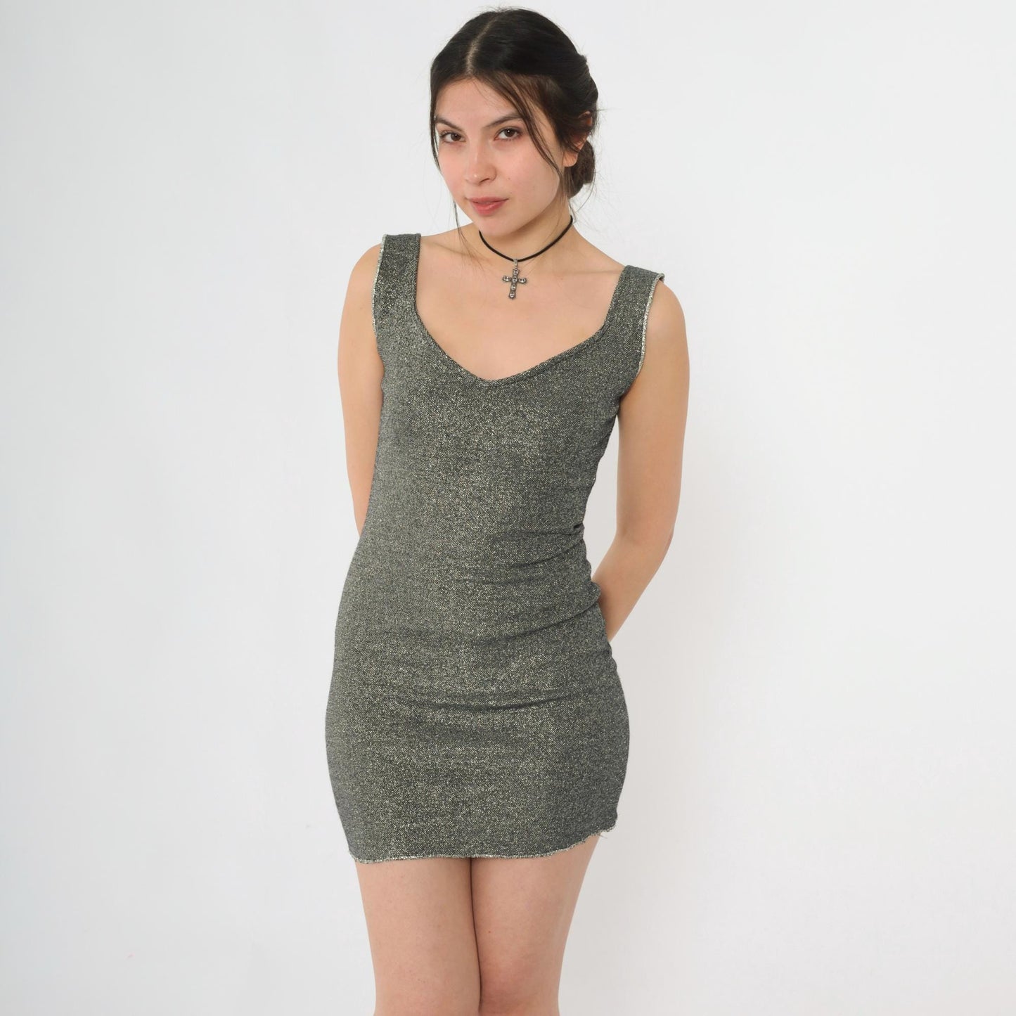 90s Sparkly Silver Black Bodycon Mini Dress Scoop Neck Sleeveless XS