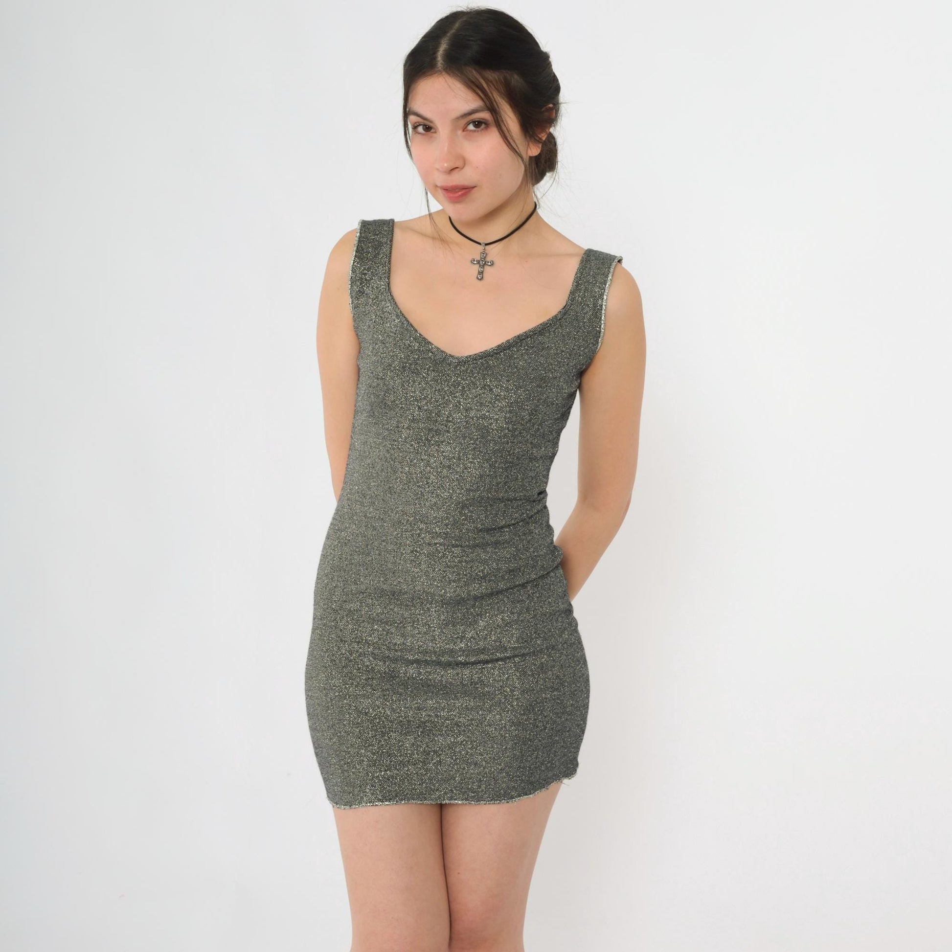 90s Sparkly Silver Black Bodycon Mini Dress Scoop Neck Sleeveless XS