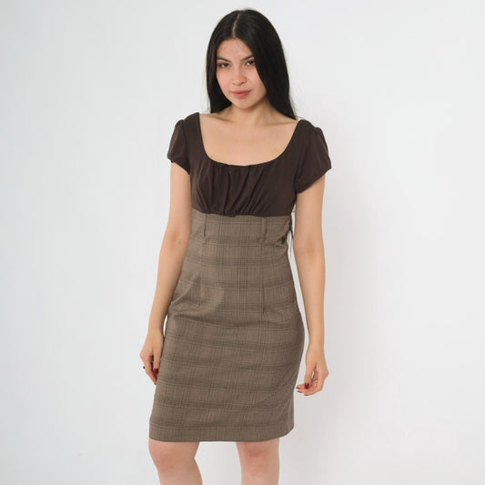 Y2K Brown Plaid Mini Dress Puff Sleeve Empire Waist Scoop Neck Small 7