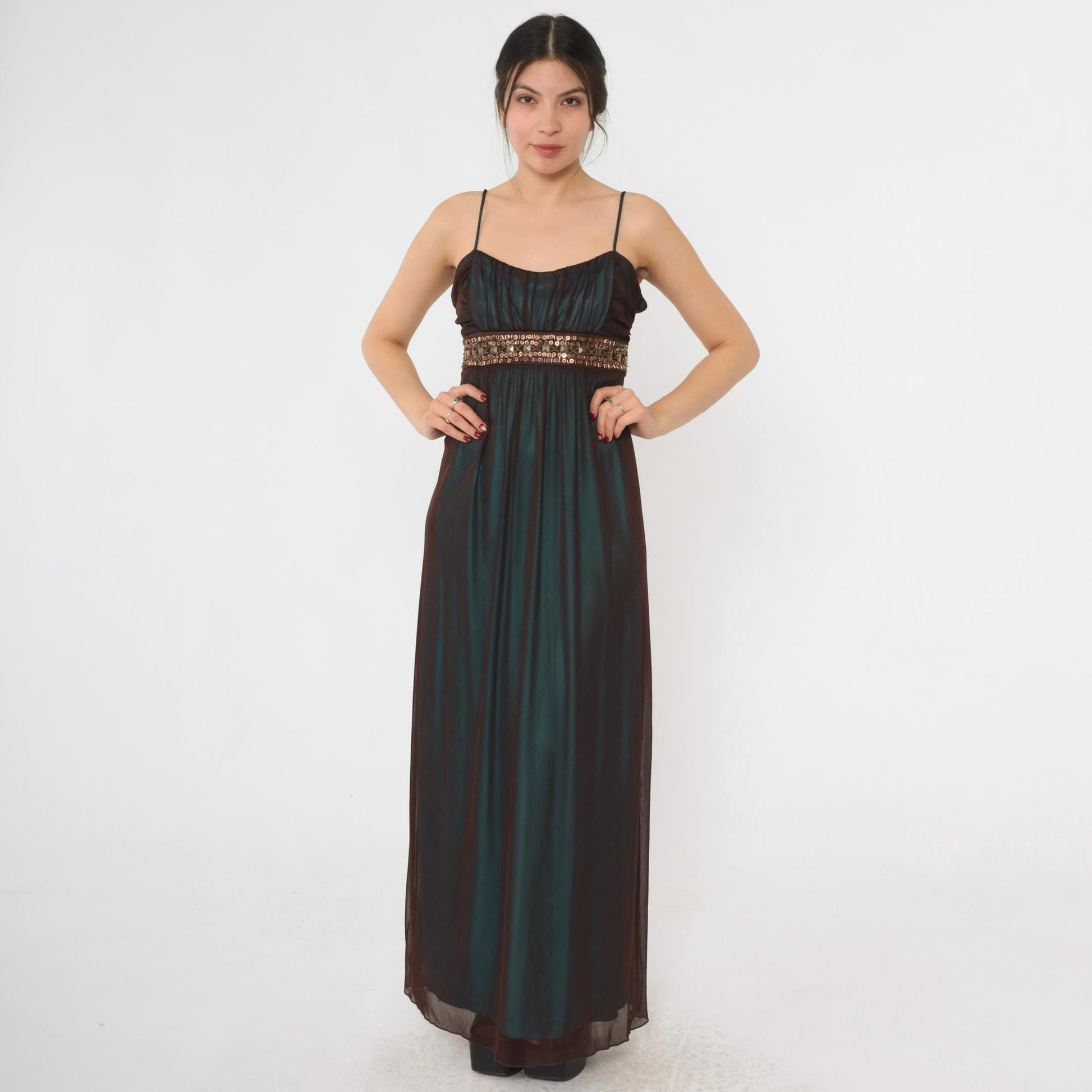 Y2K Teal Sequin Beaded Maxi Party Dress Brown Mesh Overlay Spaghetti Strap Large